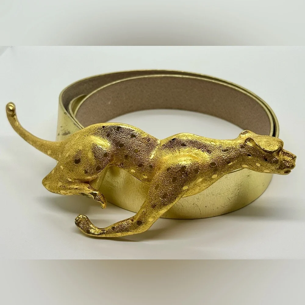 Christopher Ross Gold Cheetah Vintage Belt Buckle & Metallic Gold Leather Belt